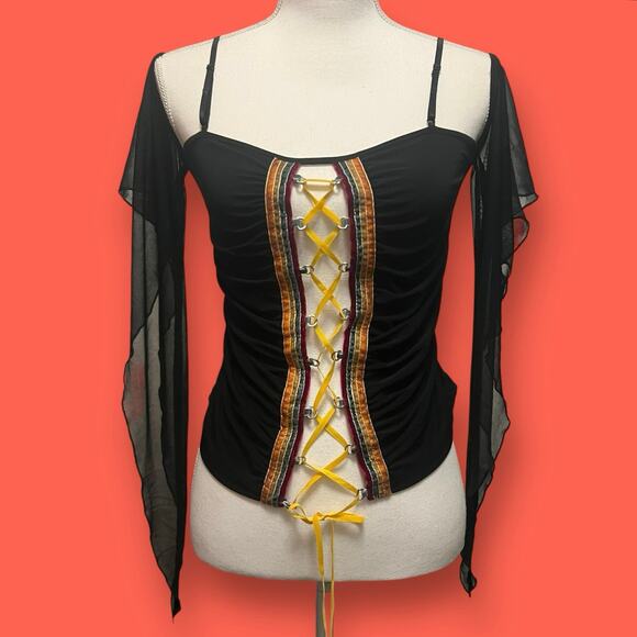 co.me como Tops - Vintage CO.ME COMO Y2K Sz Large Black Jersey Bustier Velvet Embellished Lace Up